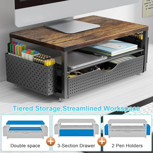 gianotter Desk Organizers and Accessories, Monitor Stand with Drawer and 2 Pen Holder, Desktop Organizer Suitable for Offices and Dormitories (Wood)