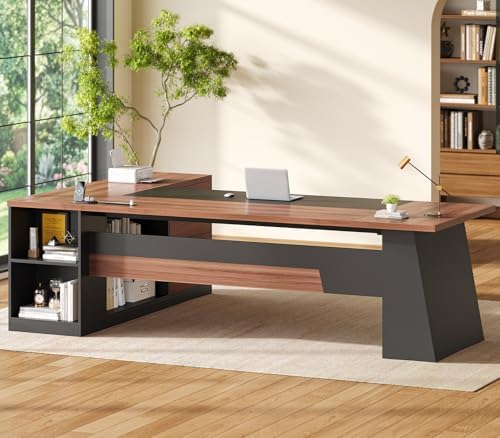 UPOSOJA 78.7" L Shaped Executive Desk with Power Outlets, Extra Large Office Desk with Drawers & File Cabinet, Modern Corner Computer Desk with Storage Shelves, Business Furniture, Walnut & Black