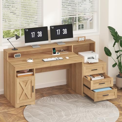 65" Farmhouse Computer Desk with Drawers and Printer Stand for Home Office