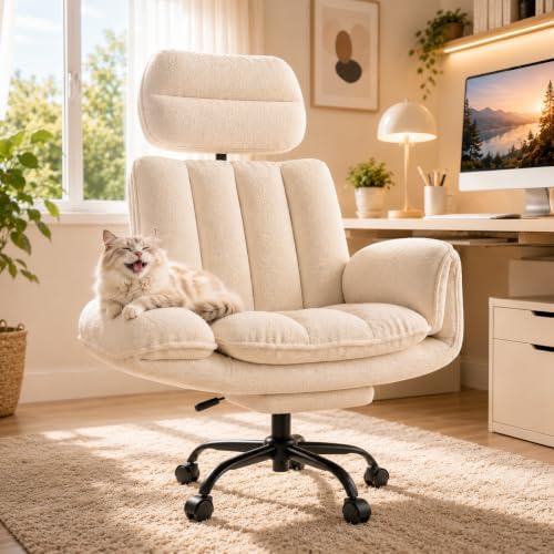HOMRELEXA Criss Cross Office Chair with Armrests & Wheels, Comfy Velvet Vanity Chair, Ergonomic Executive Gaming Computer Chairs with Foot Rest, Wide Seat Reclining Desk Chair, White