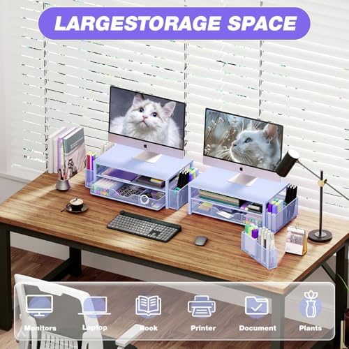 OPNICE Desk Organizers and Accessories, Computer Monitor Stand Riser with Drawer and 2 Pen Holders, Printer & Laptop Stand, Office Desk Accessories & Workspace Organizers for Home Office Supplies, Blue