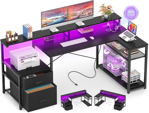 Aheaplus L Shaped Desk with File Drawer, Reversible L Shaped Gaming Desk
