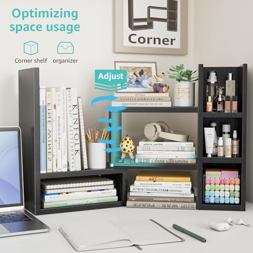 NUTIKAS Desk Shelves Desktop Organizer Shlef - Black Office Organization for Top of Desk Organizers and Accessories Corner Bookshelf Table Top Shelving Small Hutch Decorations for Office