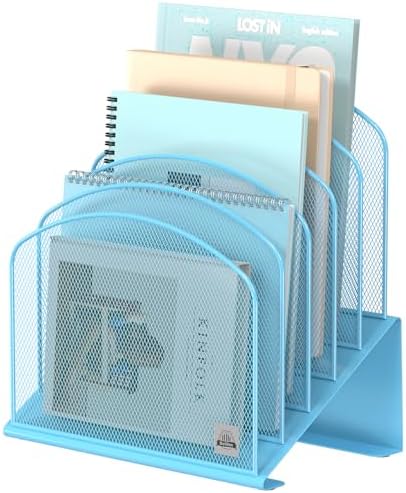 Delifox Inclined Desk File Organizer,Vertical File Folder Holder Stand Metal Rack File Sorter for Office Classroom Desktop Organization (1, Blue, 5)