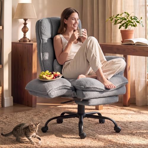 Wider Seat Office Chair with Flip Armrests for Criss Cross Legged&Cats, Big and Tall Executive Ergonomic Reclining Chair with Footrest&Lumbar Pillow, Teddy Fleece Desk Chair,Grey Vanity Chair