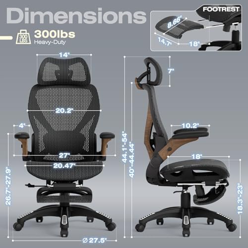 ELABEST X100 Ergonomic Mesh Office Chair with Footrest, Big and Tall Home Desk Chair with 5D Flip-Up Arms, Adjustable 3D Lumbar Support, Gaming & Executive Computer Chair (Library Oak)