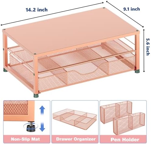 OPNICE Desk Organizer and Accessories, 2-Tier Computer Monitor Stand Riser with Drawer and 2 Pen Holders, Laptop Stand, Office Desk Accessories for Office Supplies, Rose