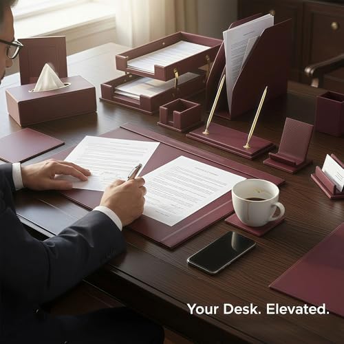 Leather Desk Set,13-Piece Desk Organizer Set, Executive Office Accessories with Desk Pad & Blotter, 2-Tier Tray, Pen Holder & More, Professional Office Desk Decor & Gift Set (Burgundy)