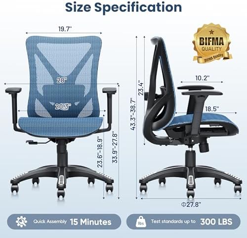 Ergonomic Office Chair, Mesh Computer Desk Chairs with BIFMA X5.1 Certified, Adjustable Lumbar Support, 3D Arm, Tilt Back, Wide Seat, Comfy Swivel Work Task Chair for Company and Home (Azure Blue)