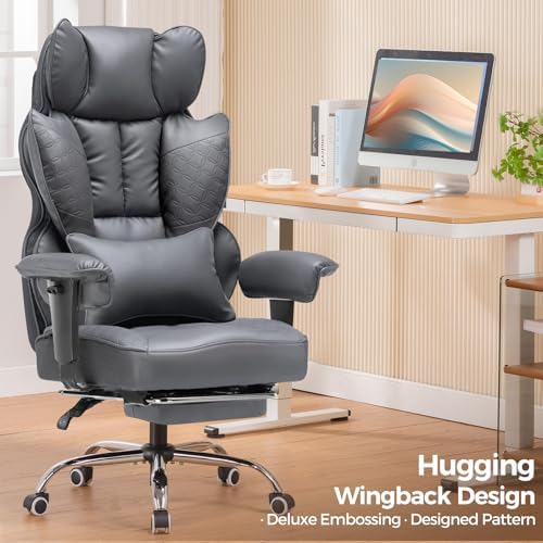 COMHOMA Big and Tall Office Chair Heavy Duty Wide Ergonomic Gaming Chair with Deluxe Embossing Designed Leather with Foot Rest,150°Reclining Adjustable Armrests Pocket Spring Back Support and Pillow
