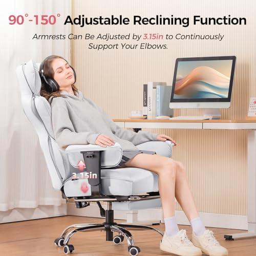 GTPLAYER Big and Tall Gaming Chair 400lbs Heavy Duty Office Chair with Foot Rest & Ergonomic Pocket Spring Lumbar Support, High Back 3D Saddle Shaped Cushion for Back Pain Relief, White