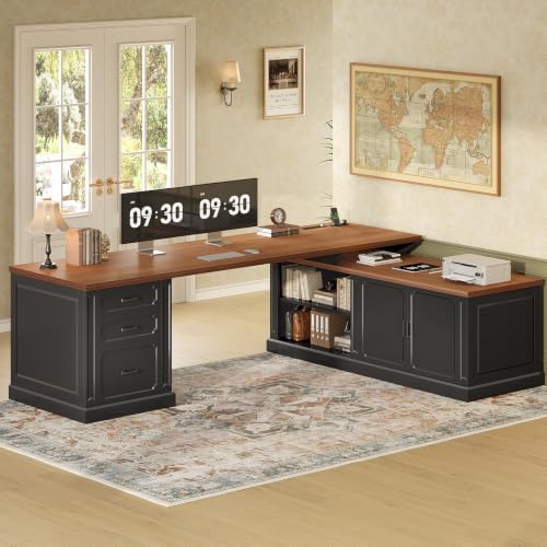 SEDETA Farmhouse L Shaped Desk with Drawers, 70.9" Home Office Desk with Storage Cabinet and Storage Shelves, L Shaped Computer Desk with Power Outlet，Black+Brown
