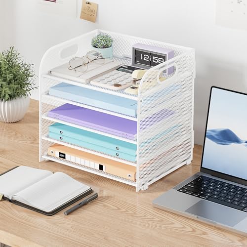 Cawukege 2 Pack 5 Tier Paper Organizer, Letter Tray with Handle, Mesh Desk Organizer, Metal File Organizer, Office Desk Accessories for Home, Office, Classroom, School (White, 2)