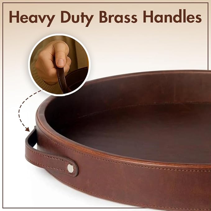 Stitched Round Leather Tray with Leather Handle Ideal for Serving Coffee Drinks Ottoman Tray for Office Home Kitchen Snack Counter Centerpiece Storage (Light Brown (16 x 16 Inch)