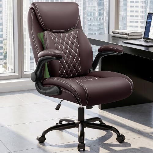 Office Chair, Ergonomic Executive Desk Chair with Lumbar Support for Lower Back Pain Relief, Padded Flip-Up Armrests, Leather Home Office Chair, Coffee