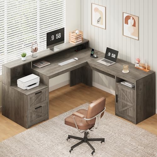 63" Farmhouse L Shaped Desk with Drawers & Printer Shelf for Home Office