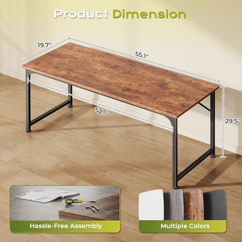 PRAISUN 55 Inch Computer Desk, Office Desk, Spacious Desktop, Rustic Brown