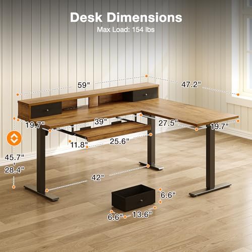 Casaottima 59" L Shaped Electric Standing Desk with Drawers, Rustic Brown