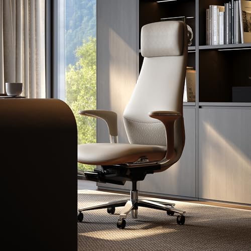 TOMU Executive Office Chair with Foot Rest, Top Grain Genuine Leather Office Chair, Ergonomic High Back Design. Real Leather, Wheels, Alumium Base. Padded Armrest, Luxury and Comfy (Beige)