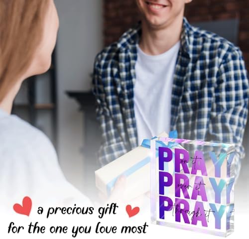 Inspirational Decor, Multicolor Dorm Room Decor for Women, Desk Decorations for Office, Ideal Christian Gifts for Women - Pray On It, Pray Through It - Bible Verse Desk Art, 4 x 4 inch