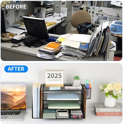 OPNICE Desk Organizer, 4-Tier Desktop File Organizer with Drawer and Pen Holders, Office Desk Accessories, File Sorters, Workspace Organizers for Office Supplies(Brown Wood)