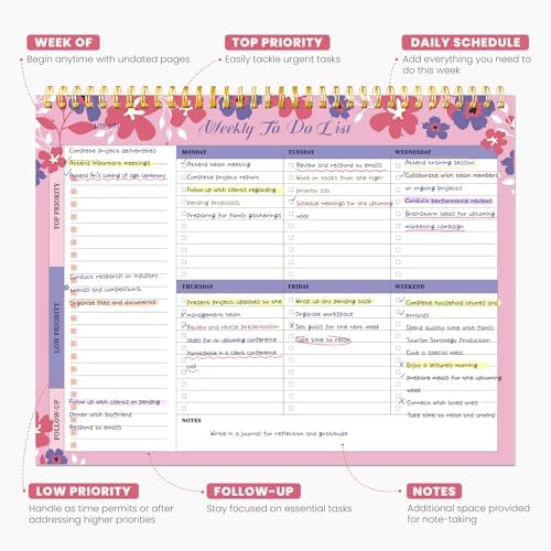 Weekly To Do List Notepad with 52 Undated Sheets（8.5"×11"）- Undated Weekly Planner Notepad for Office Desk Accessories and Supplies - Petal Pink