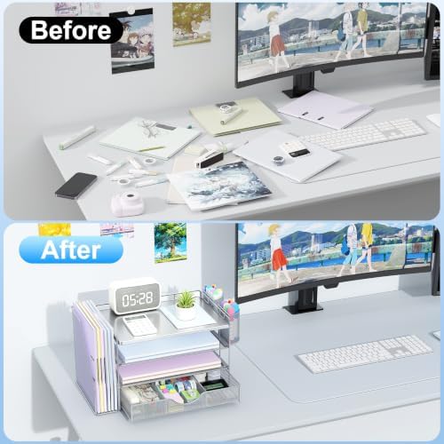 gianotter Wood Desk Organizers and Accessories with File Holder, 4-Tier Desk Accessories & Workspace Organizers with Drawer and 2 Pen Holder, Desk Reference Organizer (Grey, 4T with Metal Drawer)