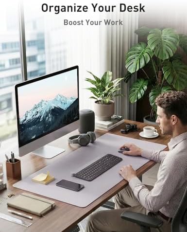 Aothia Faux Leather Desk Mat - Non-Slip PU Leather Desk Blotter, Waterproof Writing Surface, Large Desk Pad for Office & Home (Smoky Lavender, 55" x 17")
