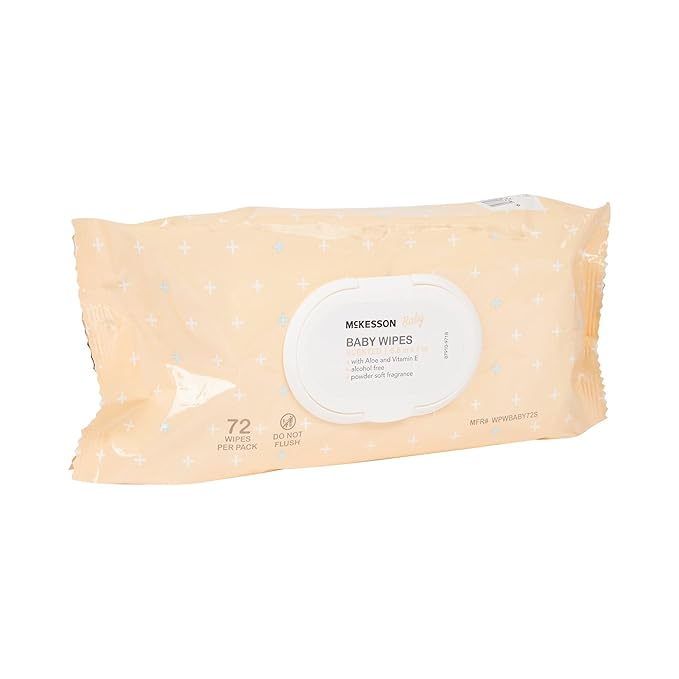 McKesson Baby Wipes, Baby Powder Scent (1 Pack, 72 Wipes) - Aloe & Vitamin E, 99% Water, Flip-Top Lid, Wipes for Sensitive Skin & Diaper Rash, 6.8 in x 7 in, 72 per pack