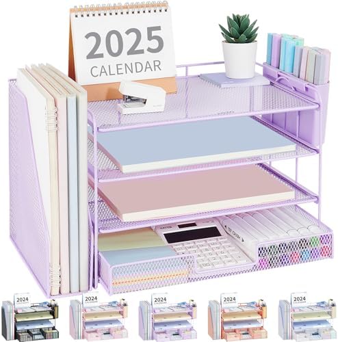 OPNICE Desk Organizer, 4-Tier Desktop File Organizer with Drawer and Pen Holders, Office Desk Accessories, File Sorters, Workspace Organizers for Office Supplies(Purple)