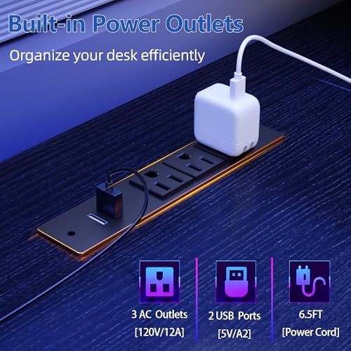 Furologee 51" Gaming Desk with Power Outlets & LED Lights, Reversible Computer Desk with File Cabinet & Monitor Stand for Home Office, Large Work Table with Storage Shelves & Drawer, Black