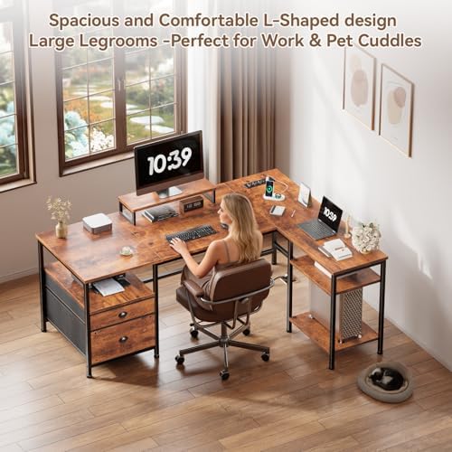 Furologee 50 Inch L Shaped Computer Desk with Power Outlet, Rustic Brown