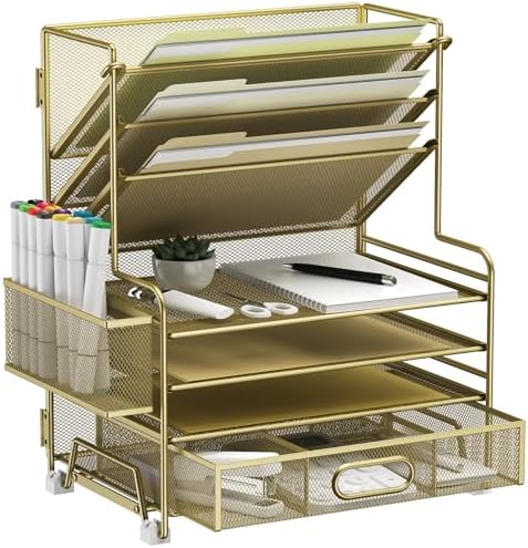 MINDEPOT 4-Tier Paper Organizer + 3-Pocket File Holder + Drawer + Pen Holders, Desktop File Organizers Paper Tray for Office Supplies School Classroom Organization (Gold, with Drawer & Pen Holder)