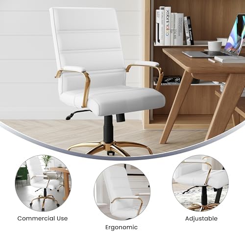 Flash Furniture Mid-Back White LeatherSoft Executive Swivel Office Chair with Gold Frame and Arms