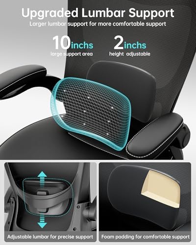 MUXX.STIL Office Chair, PU Leather Ergonomic Desk Chair with Adjustable Lumbar Support and Flip up Armrest, Breathable Mesh Computer Chair for Home Office, Black
