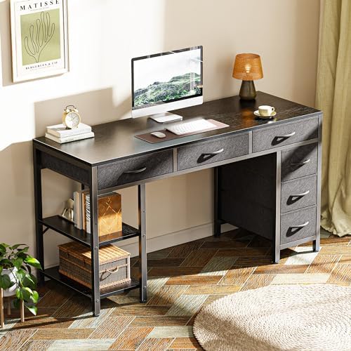 Huuger Computer Desk with 6 Drawers, Office Desk with Shelves, Reversible Gaming Desk, Corner Desk with Storage, Work for Home Office, Study, Living Room, 47inch, Black
