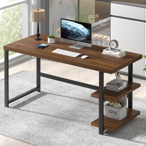 FOLUBAN Modern Computer Desk, Wood Home Office Desk, Study Writing Gaming Table Workstation with Storage Shelves for Living Room Bedroom, Rustic Walnut, 53 Inch