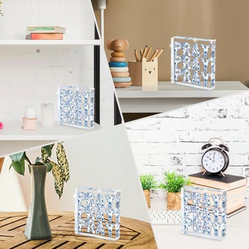 Blue and White Inspirational Decor, Blue Floral Chinoiserie Desk Decorations for Office, Ideal Christian Gifts for Women - Pray On It,Pray Over It - Bible Verse Desk Art, Dorm Room Decor for Women