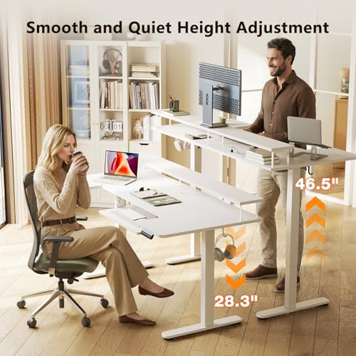 OffiGo 63 Inch U Shaped Electric Standing Desk with Keyboard Tray, White