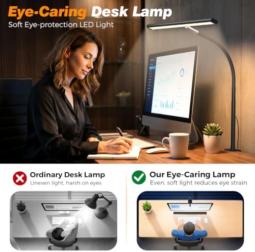 Airlonv LED Desk Lamp with Clamp, 17" Stepless Dimming Light, Black