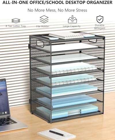 WALI Desk File Organizer, 8 Tier Desktop Paper Letter Tray Organizer with Handle, Office Desk Accessories & Workspace Organizers for Office, Home, School Supplies, 1 Pack, Black