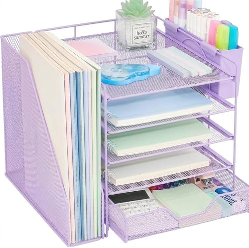 5-Tier Desk File Organizer with Drawer & Pen Holder (Purple)
