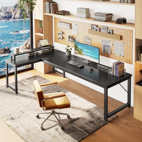 PRAISUN 61" L Shaped Computer Desk, Power Outlets, Monitor Stand, Black