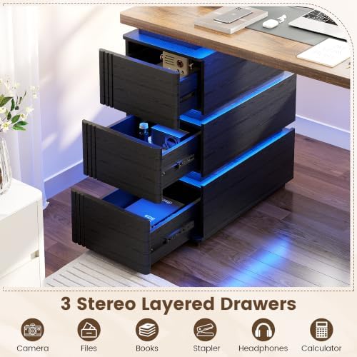 Vlsrka 47.2" Home Office Desk with 3 Drawers, Computer Desk with LED Lights