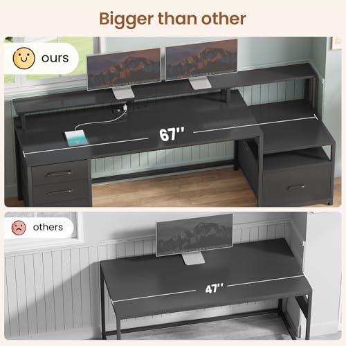 SEDETA Computer Desk with 5 Drawer, Power Outlet, Led Lights, Black