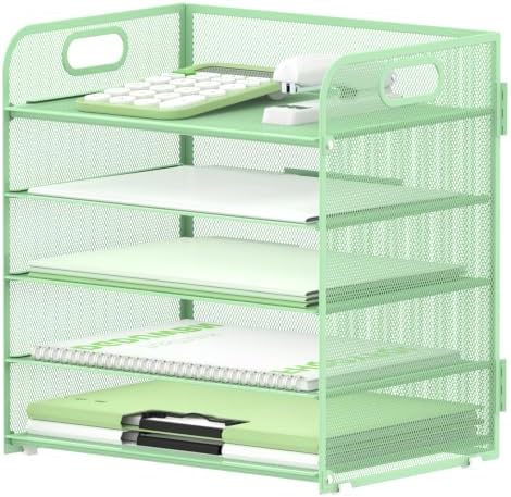 Supeasy 5 Trays Paper Organizer Letter Tray with Handle-Mesh Desk File Holders, Paper Sorter Desk Organizer for Office, Home, Classroom or School(Mint Green)