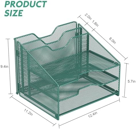 Samstar Green Desk File Organizer, Mesh Letter File Folder Holder with 3 Paper Trays and 2 Vertical Upright Section, for Office Supplies, Desk Accessories & Workspace, Green