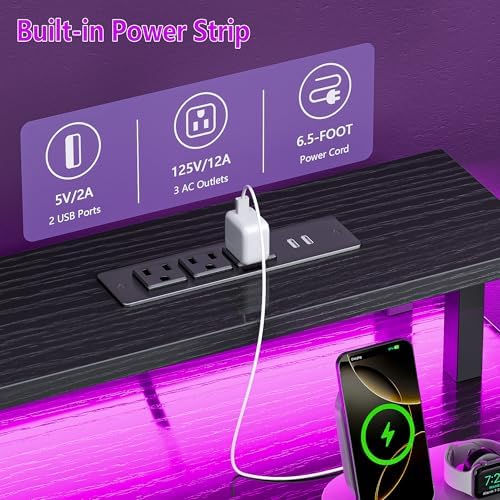 Furologee 52" Gaming Desk with 4 Drawers & LED Lights, Power Outlet, Black