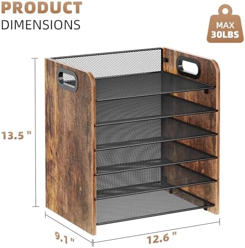 Marbrasse 6 Tier Paper Organizer Letter Tray - Wooden Desk File Organizer with Handle, Paper Sorter Organizer for Letter/A4 Office File Folder Holder