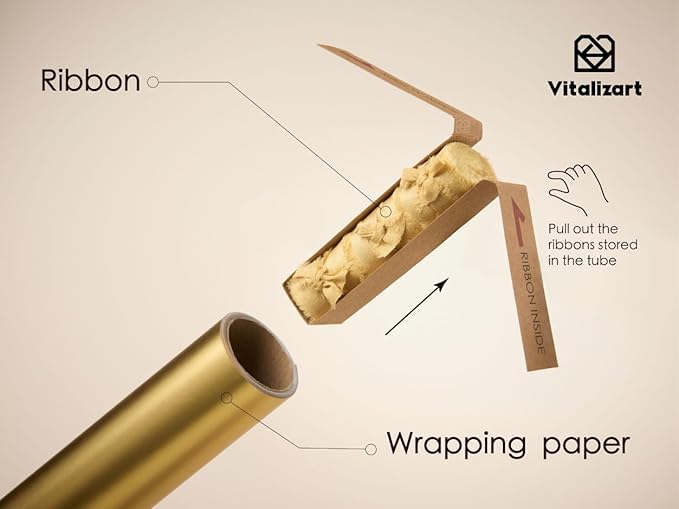 Vitalizart Gold Matte Metallic Wrapping Paper Set 30" With Silk Satin Ribbon & Gift Tags Christmas Gift Wrapping Birthday Baby Shower Wedding Bouquets Handmade Crafts 197"(16.4 Ft) Gold Ribbon
